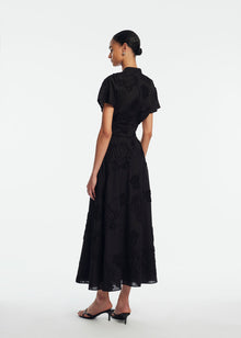 Ribbon Embroidered Cotton V-Neck Top | Black