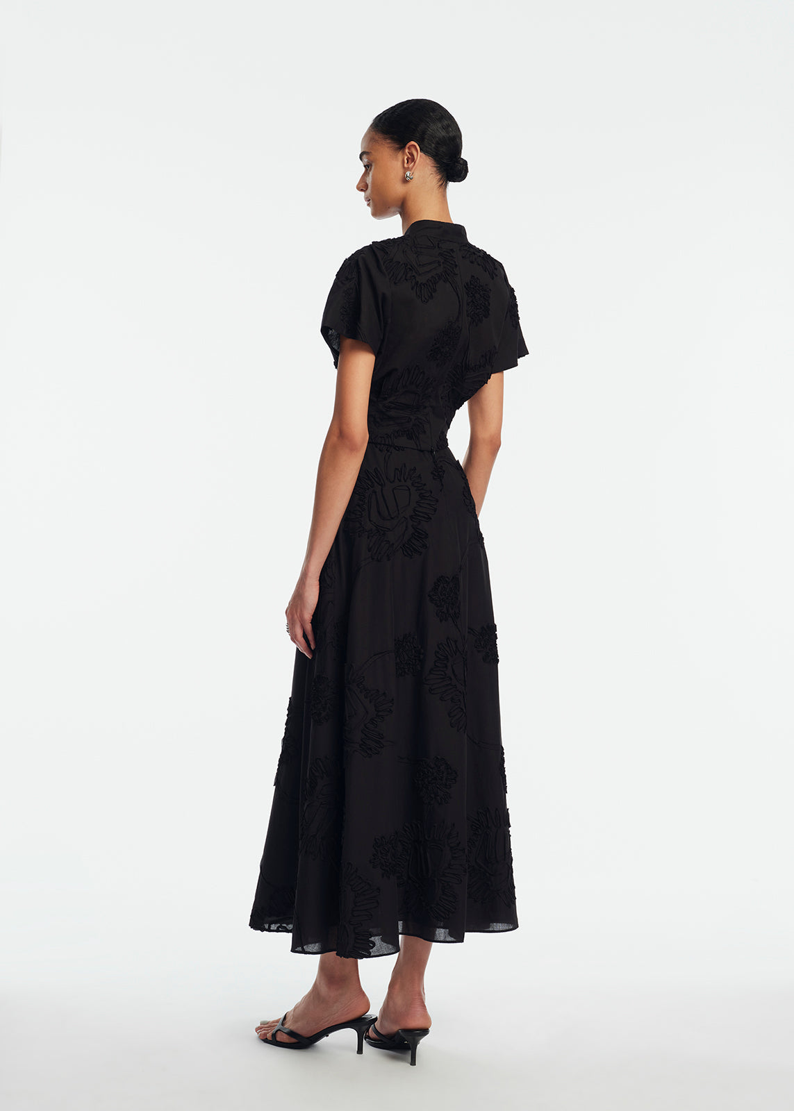 Ribbon Embroidered Cotton Full Skirt | Black