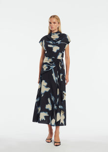 Abstract Floral Crepe Draped Top | Navy