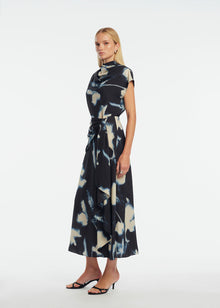 Abstract Floral Crepe Cascade Skirt | Navy
