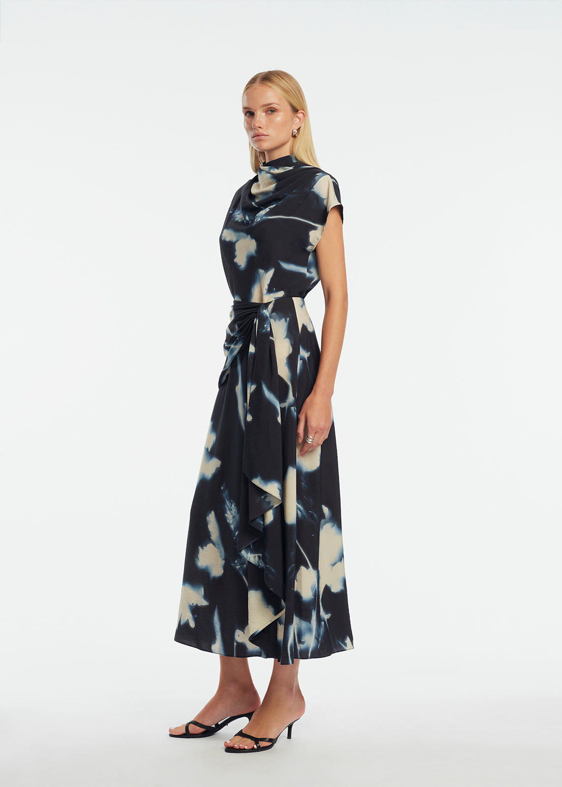 Abstract Floral Crepe Cascade Skirt | Navy