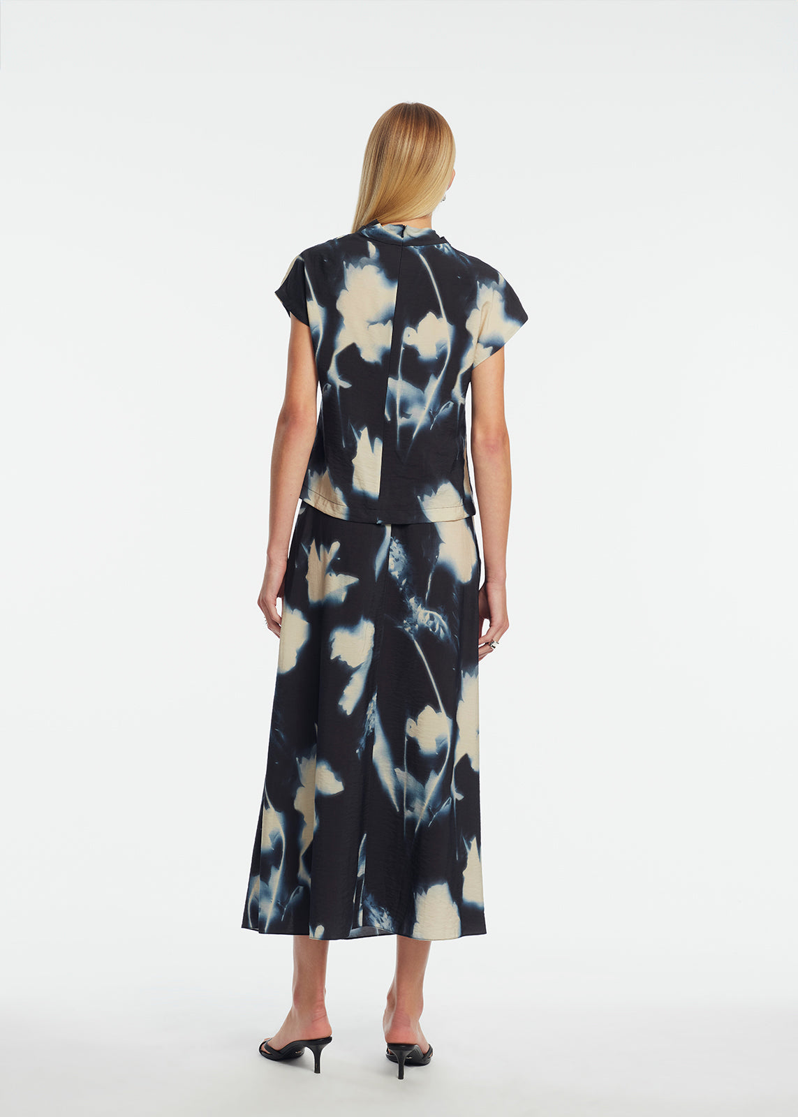 Abstract Floral Crepe Cascade Skirt | Navy