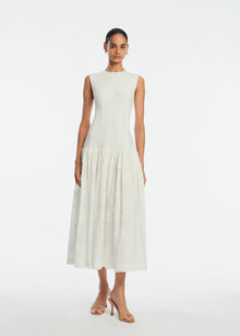 Ribbon Embroidered Cotton Combo Dress | White