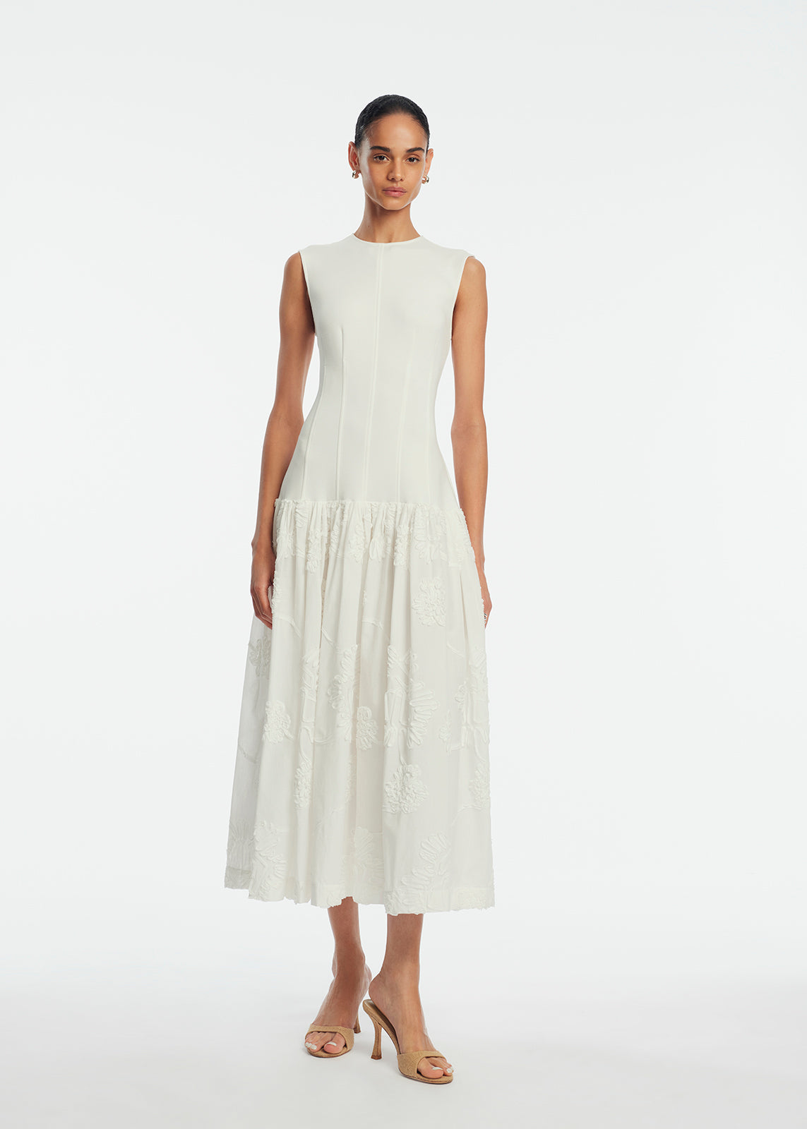 Ribbon Embroidered Cotton Combo Dress | White