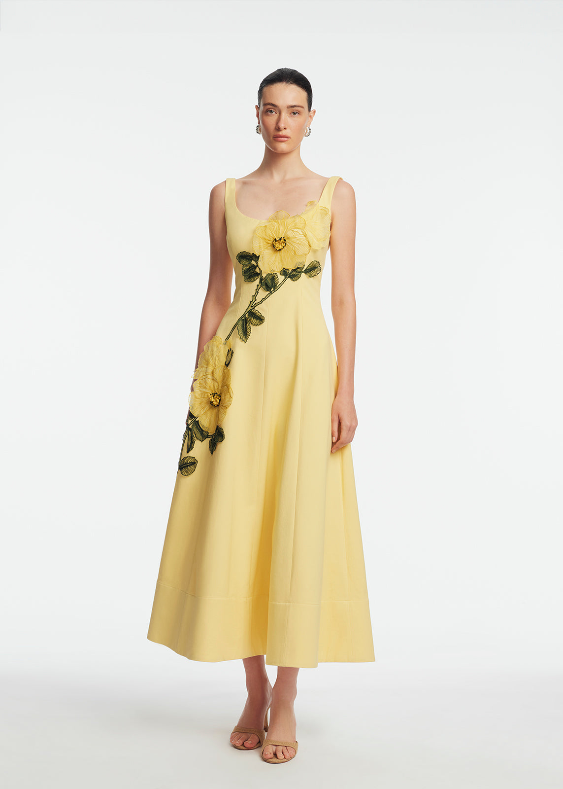 Peony Embroidered Stretch Cotton Full Dress | Butter/Yellow