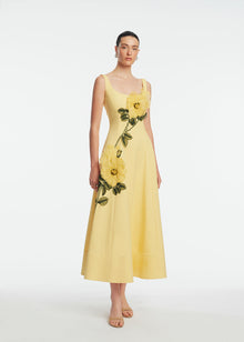 Peony Embroidered Stretch Cotton Full Dress | Butter/Yellow