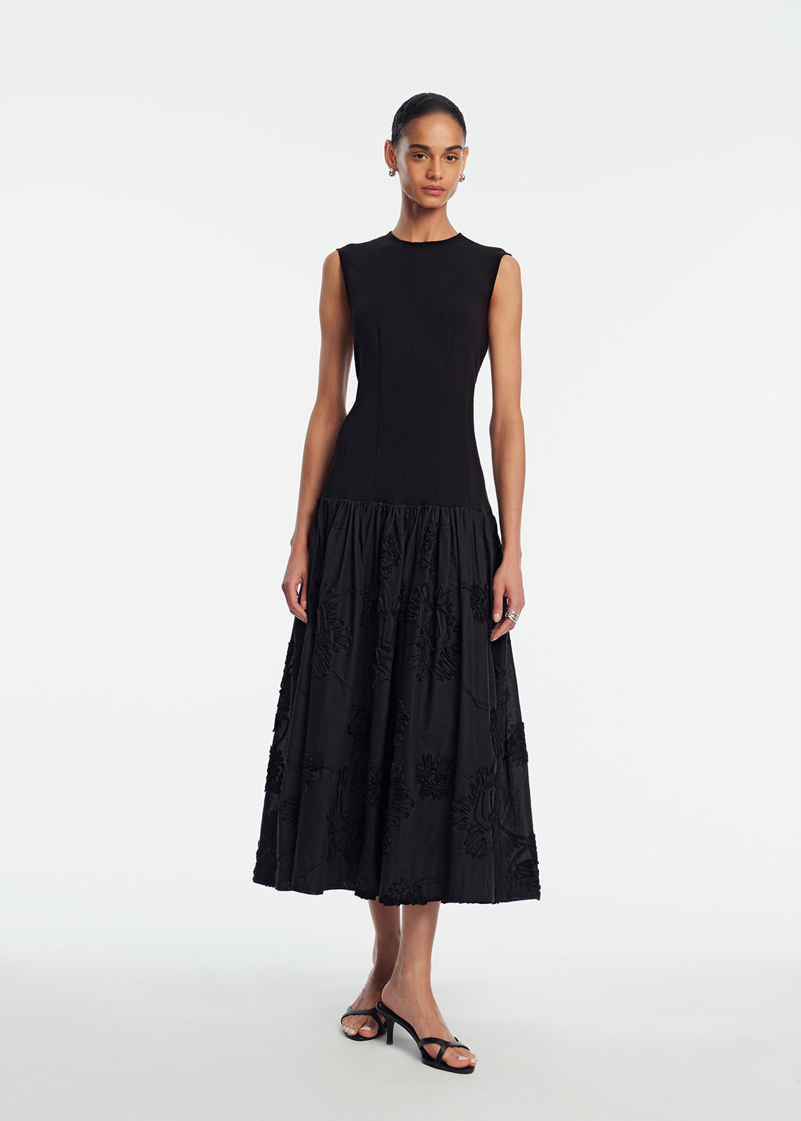 Ribbon Embroidered Cotton Combo Dress | Black