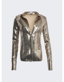 LaQuan Smith | Women | Linear Gold Sequin Fitted Button Down Shirt | Gold