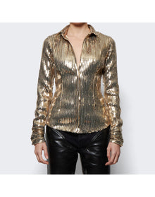 LaQuan Smith | Women | Linear Gold Sequin Fitted Button Down Shirt | Gold