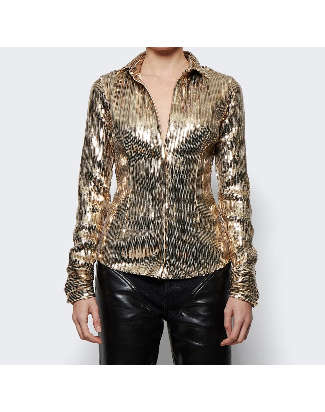 LaQuan Smith | Women | Linear Gold Sequin Fitted Button Down Shirt | Gold