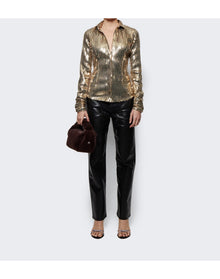 LaQuan Smith | Women | Linear Gold Sequin Fitted Button Down Shirt | Gold