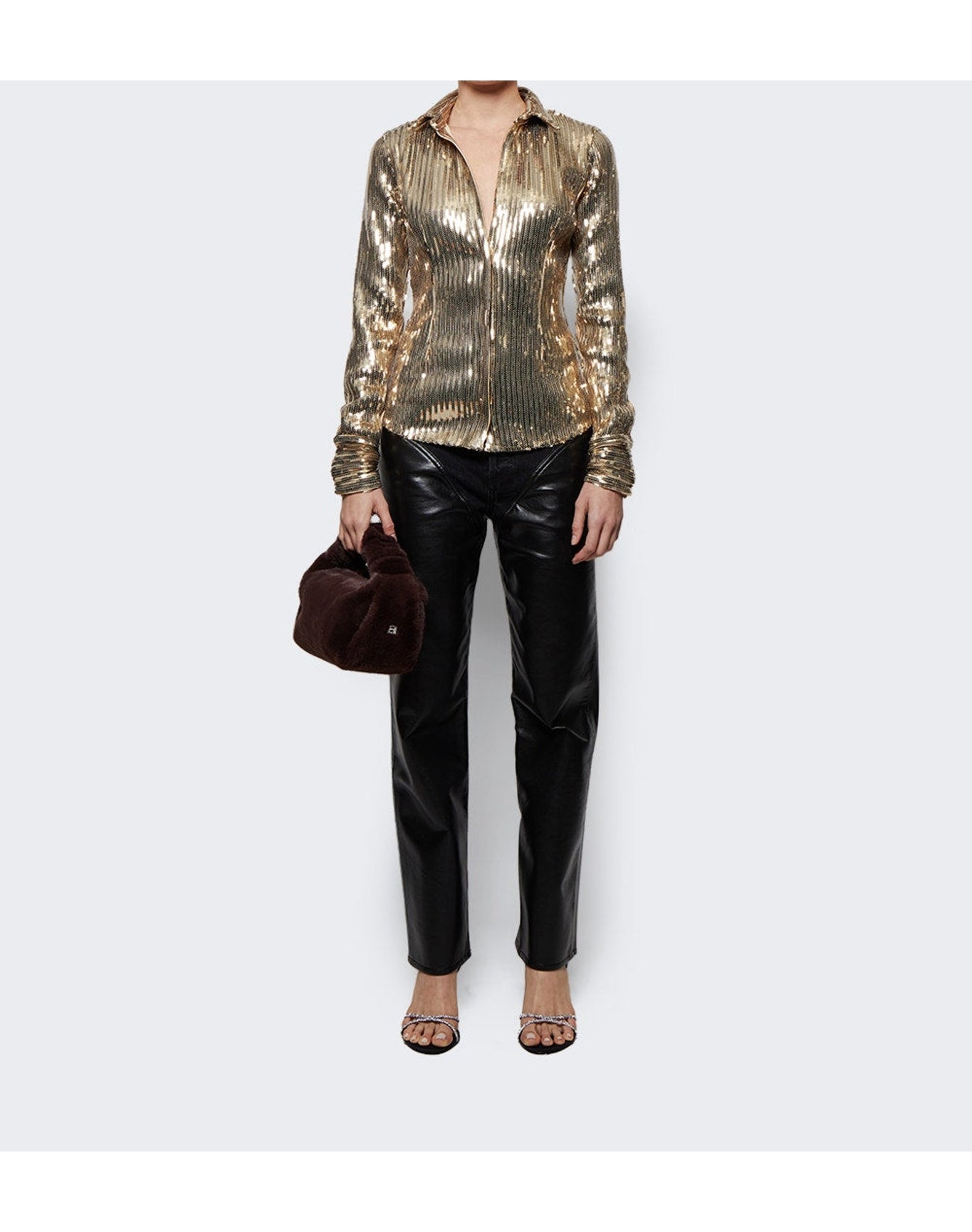 LaQuan Smith | Women | Linear Gold Sequin Fitted Button Down Shirt | Gold
