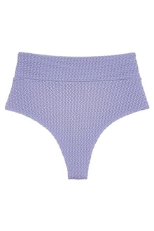 Lavender crochet high-rise bikini bottom with textured fabric and full coverage design.