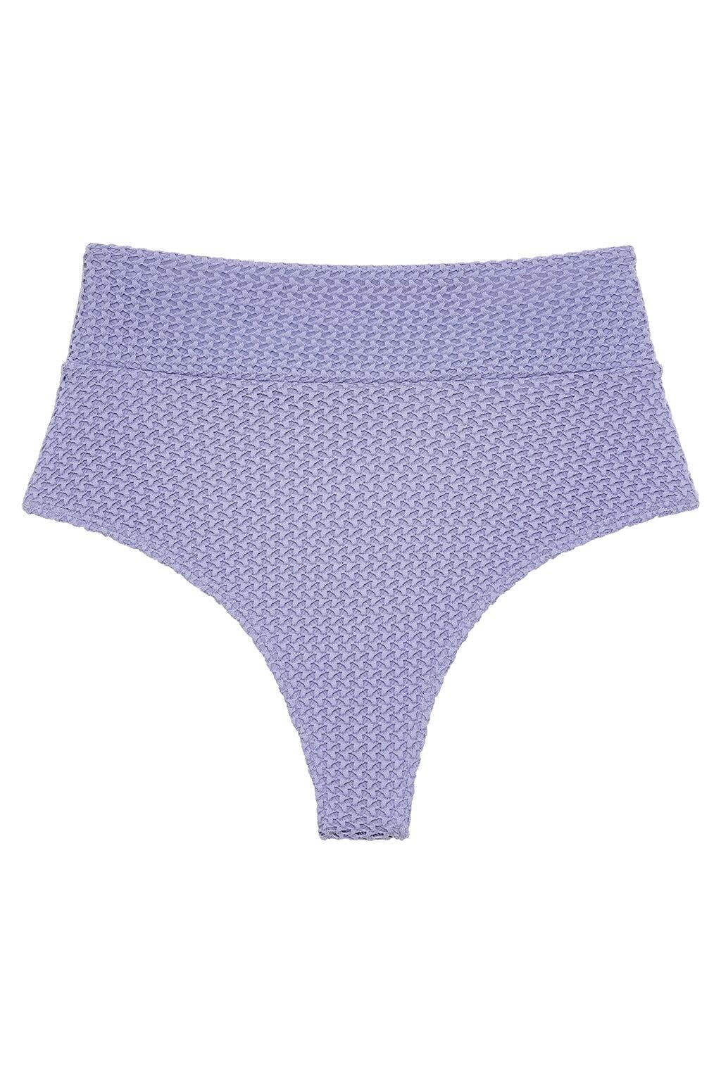 Lavender crochet high-rise bikini bottom with textured fabric and full coverage design.