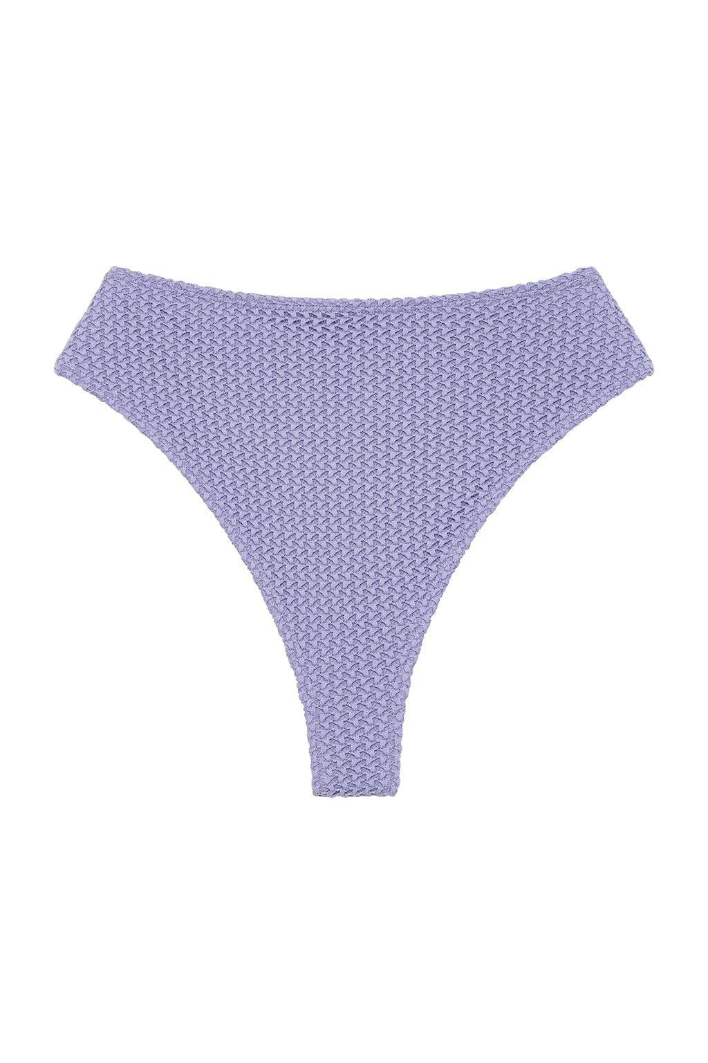 Lavender crochet bikini bottom with textured knit pattern and high-cut design.