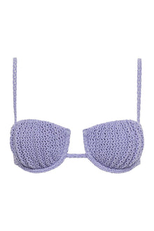 Lavender crochet bikini top with petal-textured cups, thin shoulder straps, and center front closure.