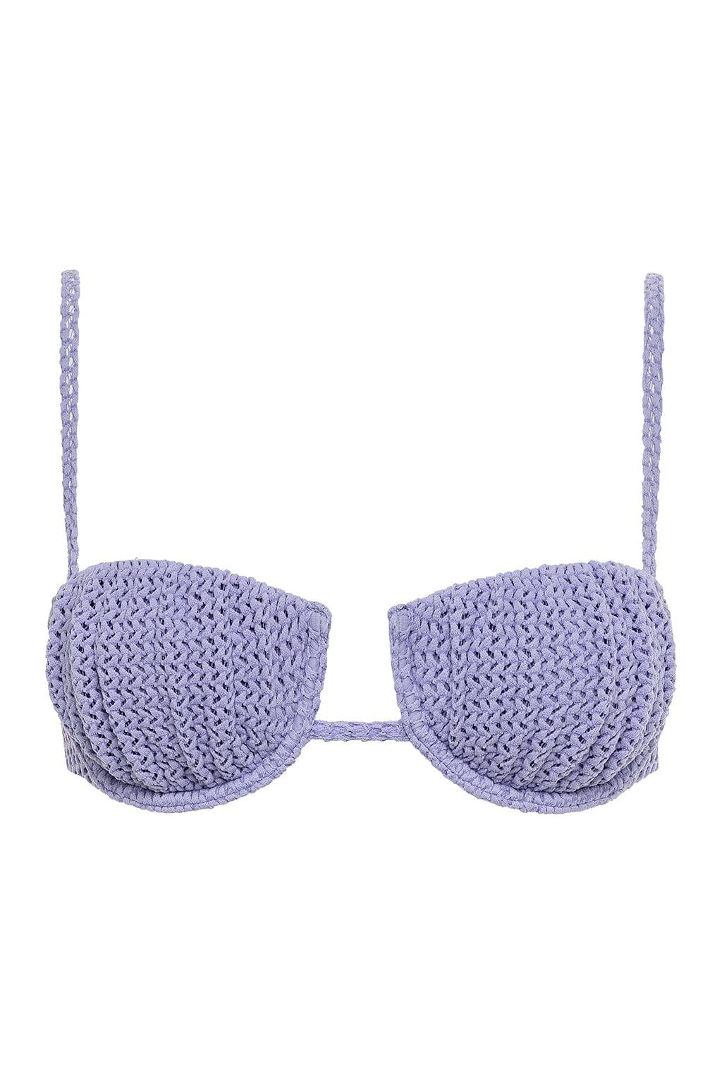 Lavender crochet bikini top with petal-textured cups, thin shoulder straps, and center front closure.