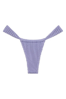 Lavender crochet bikini bottom with textured knit pattern and tassel tie straps.