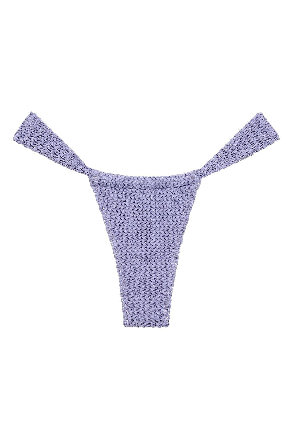 Lavender crochet bikini bottom with textured knit pattern and tassel tie straps.