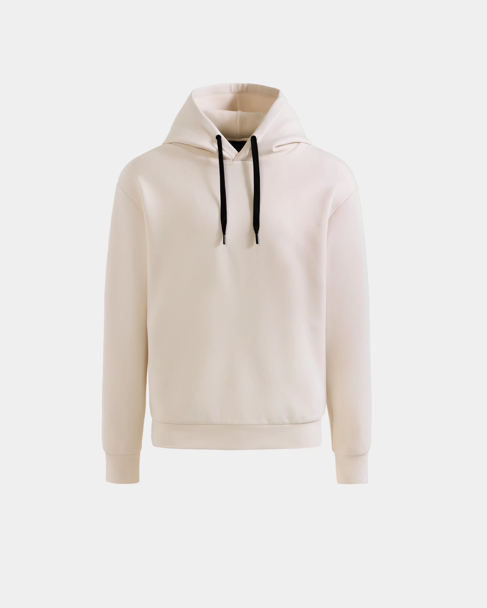 The Rudsak LEROY - U525509 Vanilla M hoodie features a plain off-white cotton-blend design with black drawstrings, long sleeves, and no visible logos, displayed on a light gray background.
