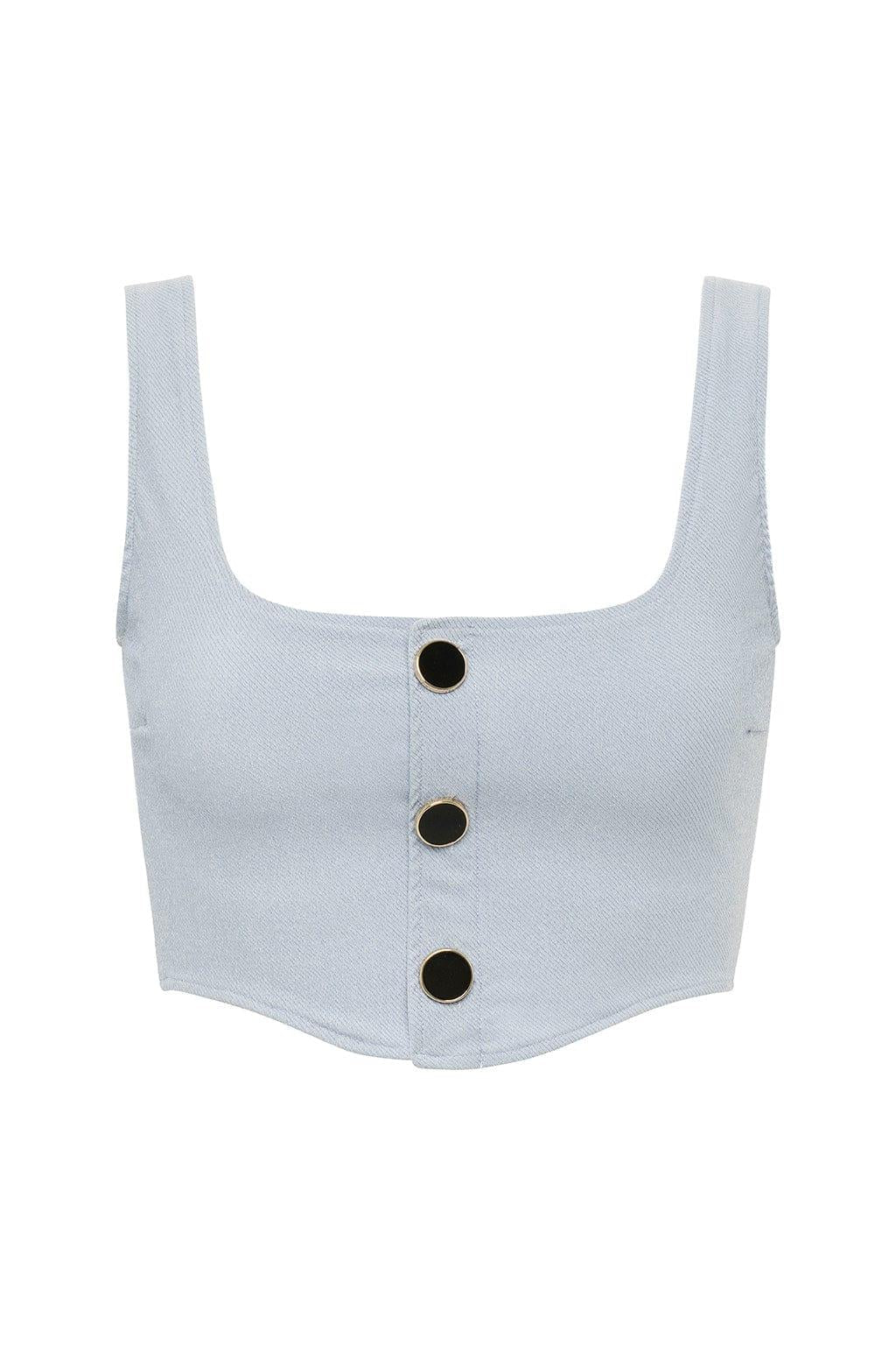 Light blue denim corset top with square neckline, wide shoulder straps, and three black button closures down the front.