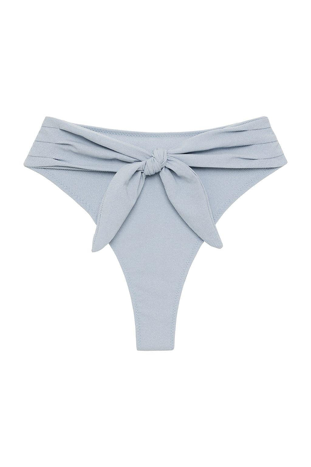Light blue denim bikini bottom with tie-up bow detail at front waistband.