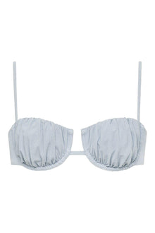 Light blue denim bikini top with gathered petal cups, thin shoulder straps, and center front closure.