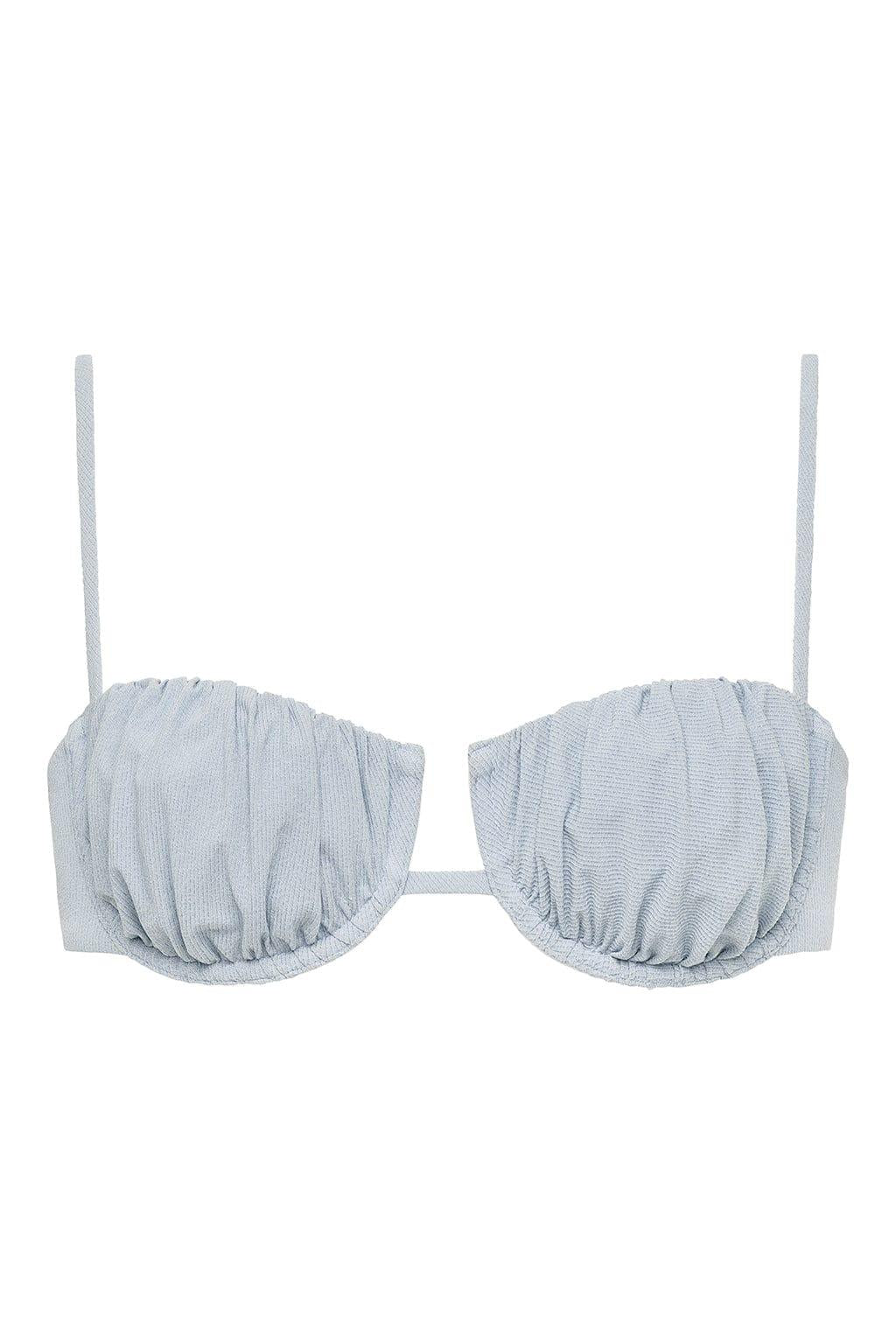 Light blue denim bikini top with gathered petal cups, thin shoulder straps, and center front closure.