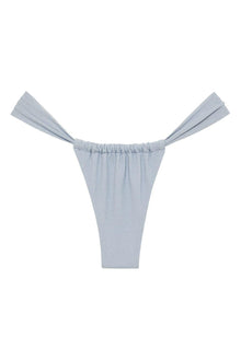 Light blue denim bikini bottom with gathered waistband and tie-side straps.