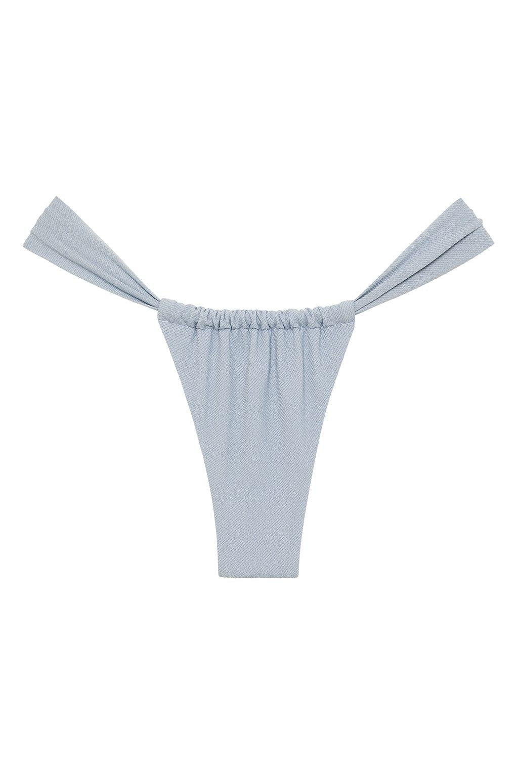 Light blue denim bikini bottom with gathered waistband and tie-side straps.