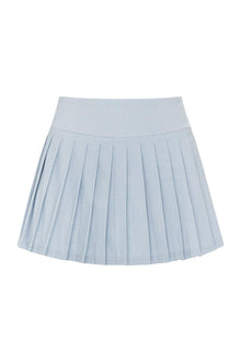 Light blue denim skirt with pleated front and high waistband.