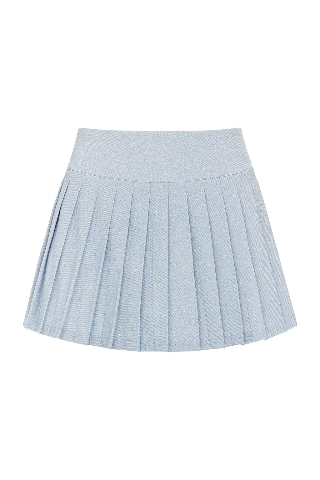 Light blue denim skirt with pleated front and high waistband.