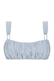 Light blue denim bikini top with ruched front panel and adjustable shoulder straps.