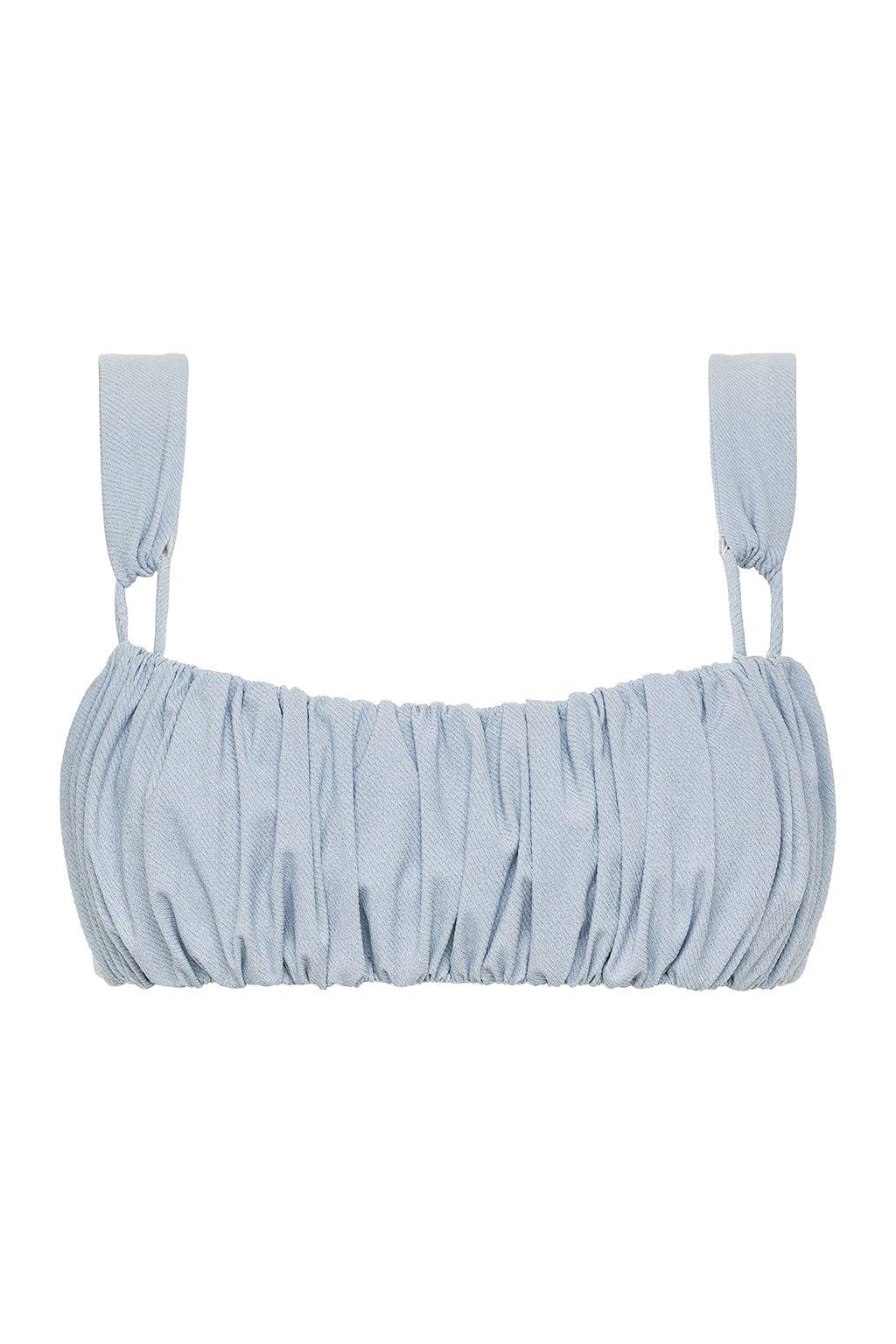 Light blue denim bikini top with ruched front panel and adjustable shoulder straps.