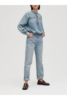 Light Denim Gathered Loose Blouse | Tint Wash