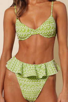 Lime green and white patterned bikini bottom with layered ruffle detailing at the front.