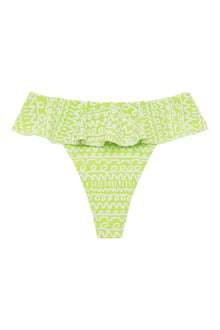 Lime green and white geometric patterned bikini bottom with ruffled off-shoulder neckline detail.