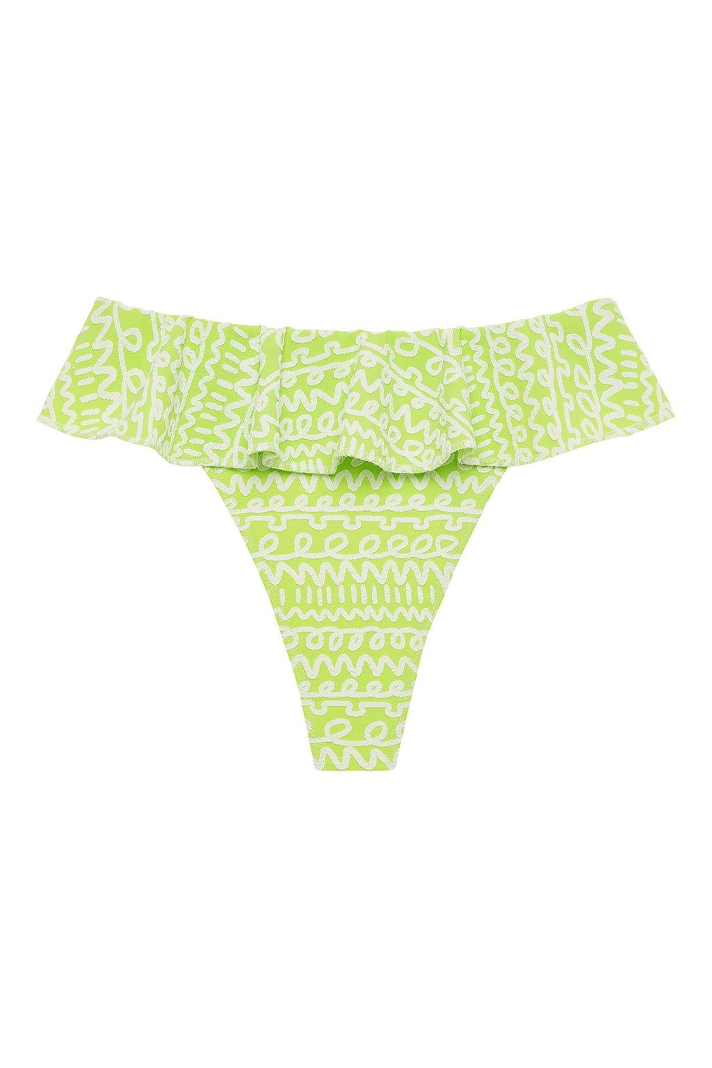 Lime green and white geometric patterned bikini bottom with ruffled off-shoulder neckline detail.