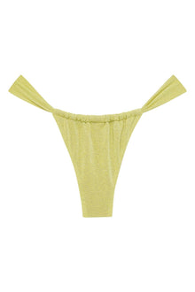 Yellow sparkle bikini bottom with gathered waistband and tie shoulder straps.