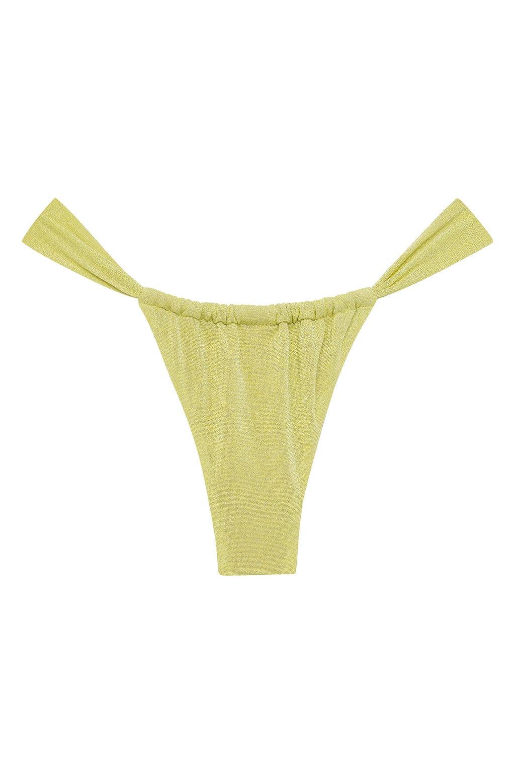 Yellow sparkle bikini bottom with gathered waistband and tie shoulder straps.