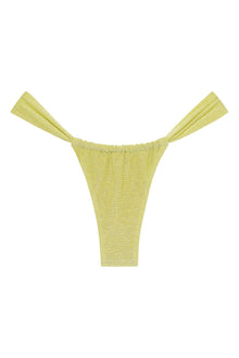 Yellow sparkle bikini bottom with gathered ruching and pleated side straps.