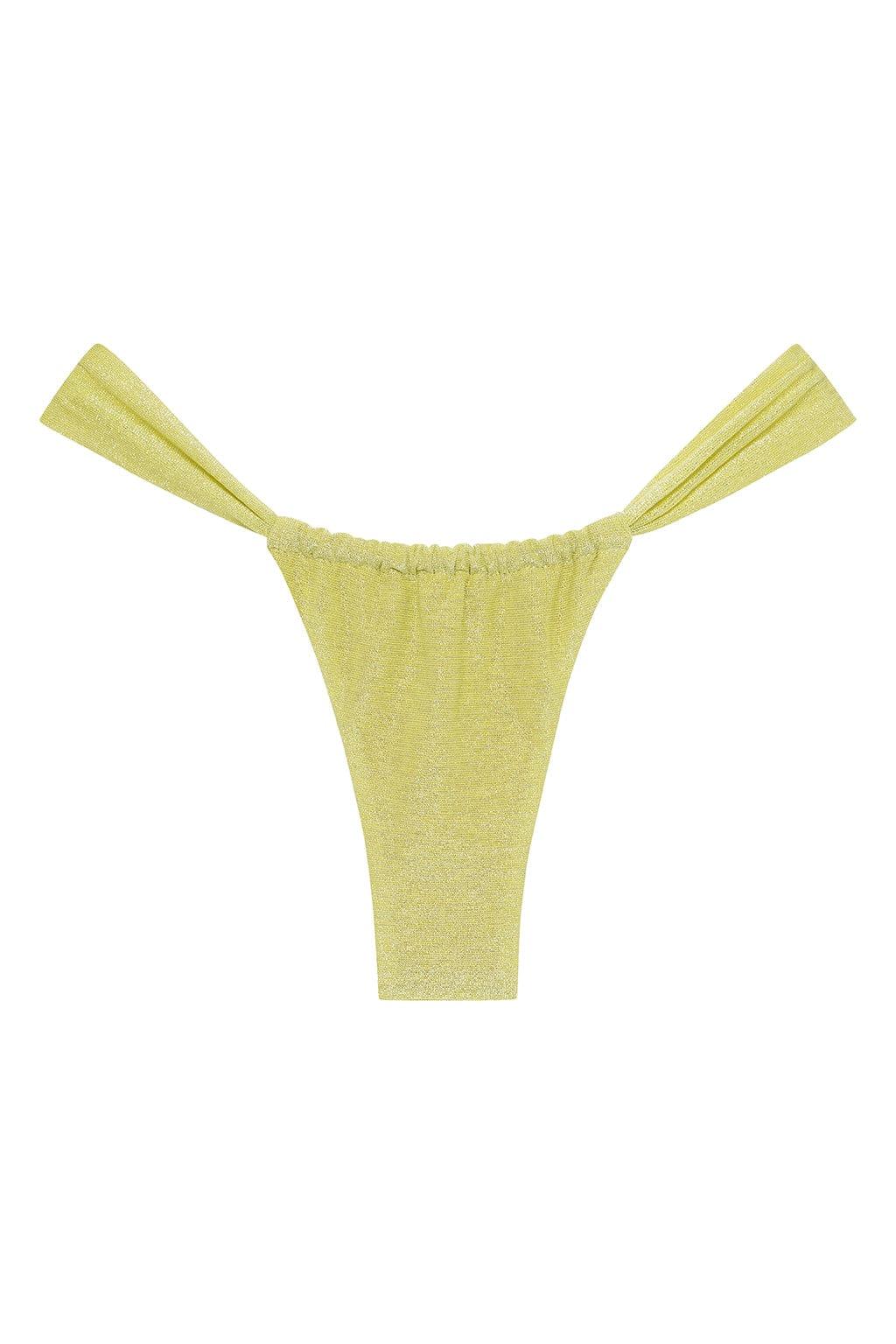 Yellow sparkle bikini bottom with gathered ruching and pleated side straps.