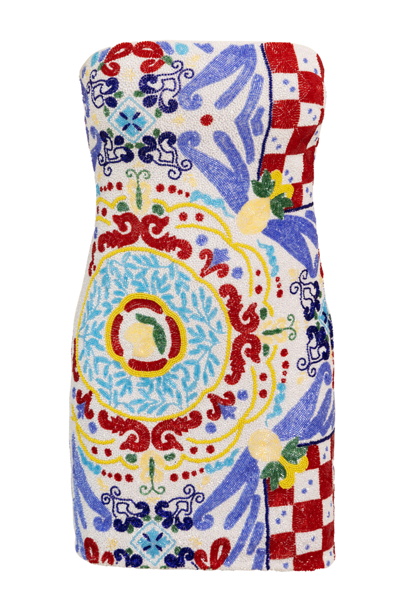 Limoncello Hand - Beaded Embellished Mini Dress - White/Red - Self - Adore