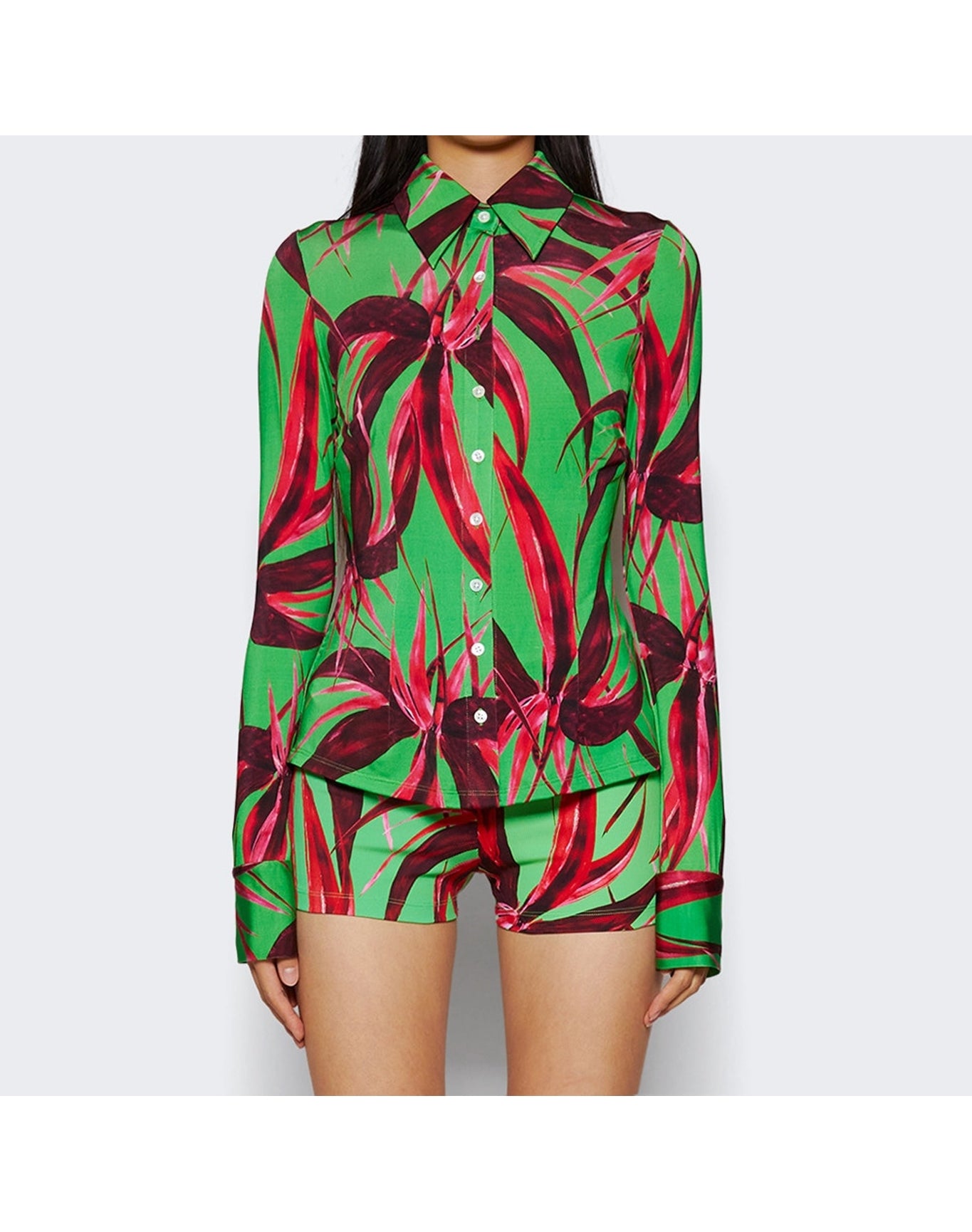 Louisa Ballou | Women | Button Down Shirt | Green With Red Flowers