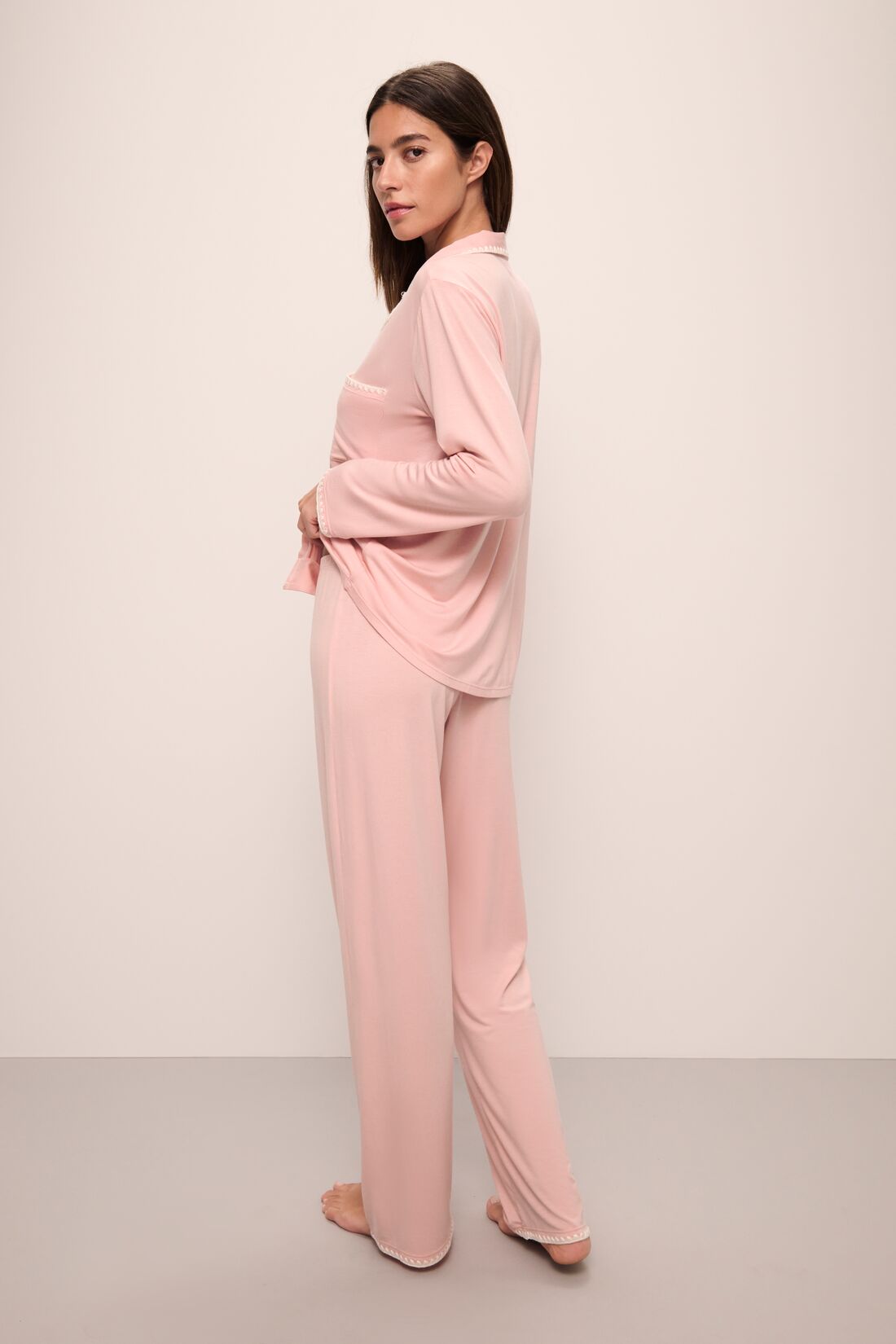 Model wears Frida TENCEL Modal Long PJ Set in Silver Pink/Ivory.