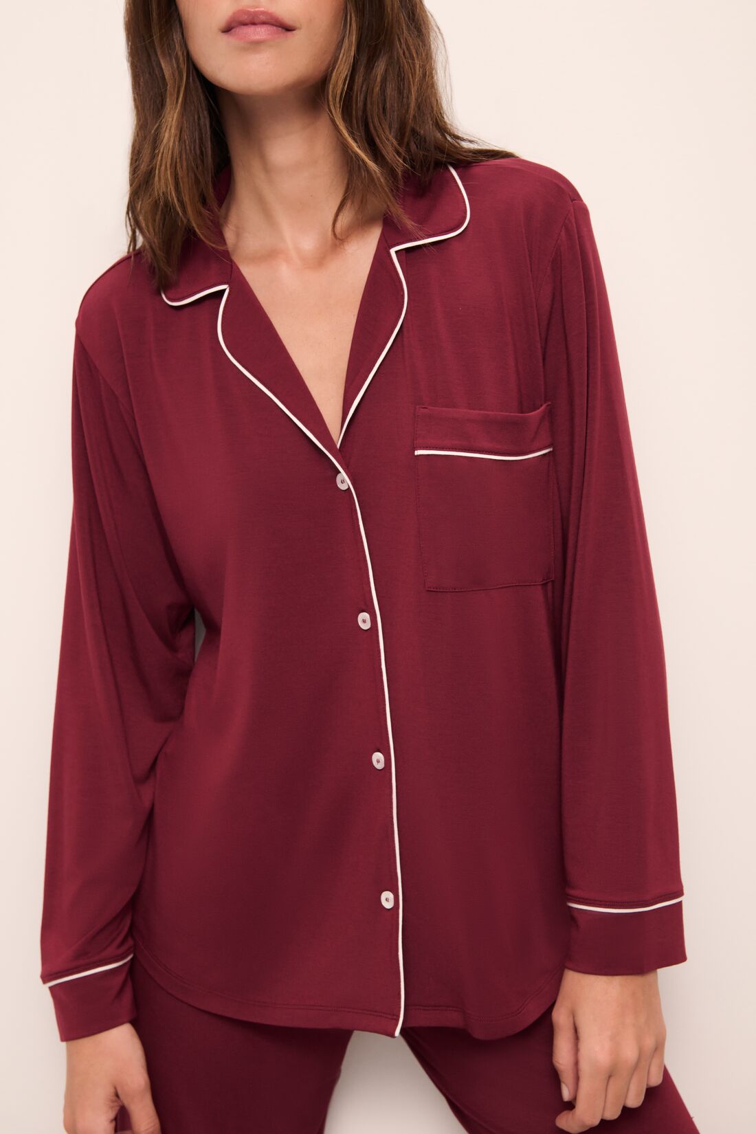 Model wears Gisele TENCEL Modal Long PJ Set in Cabernet/Ivory/