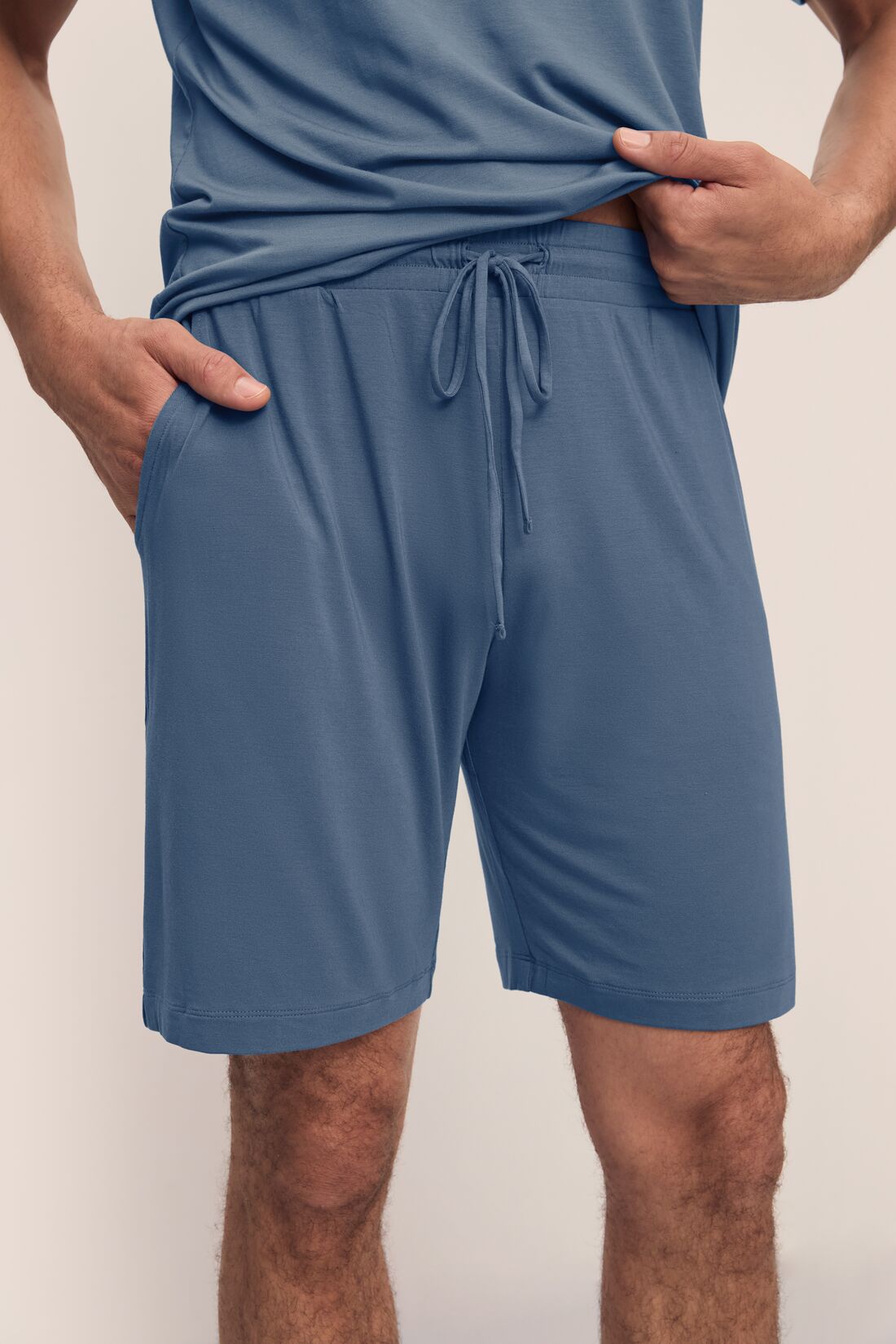 Model wears Henry TENCEL Modal Short PJ Set in Coastal Blue.