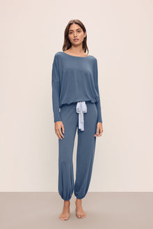 Model wears Gisele TENCEL Modal Slouchy PJ Set in Coastal Blue/Ice Blue.