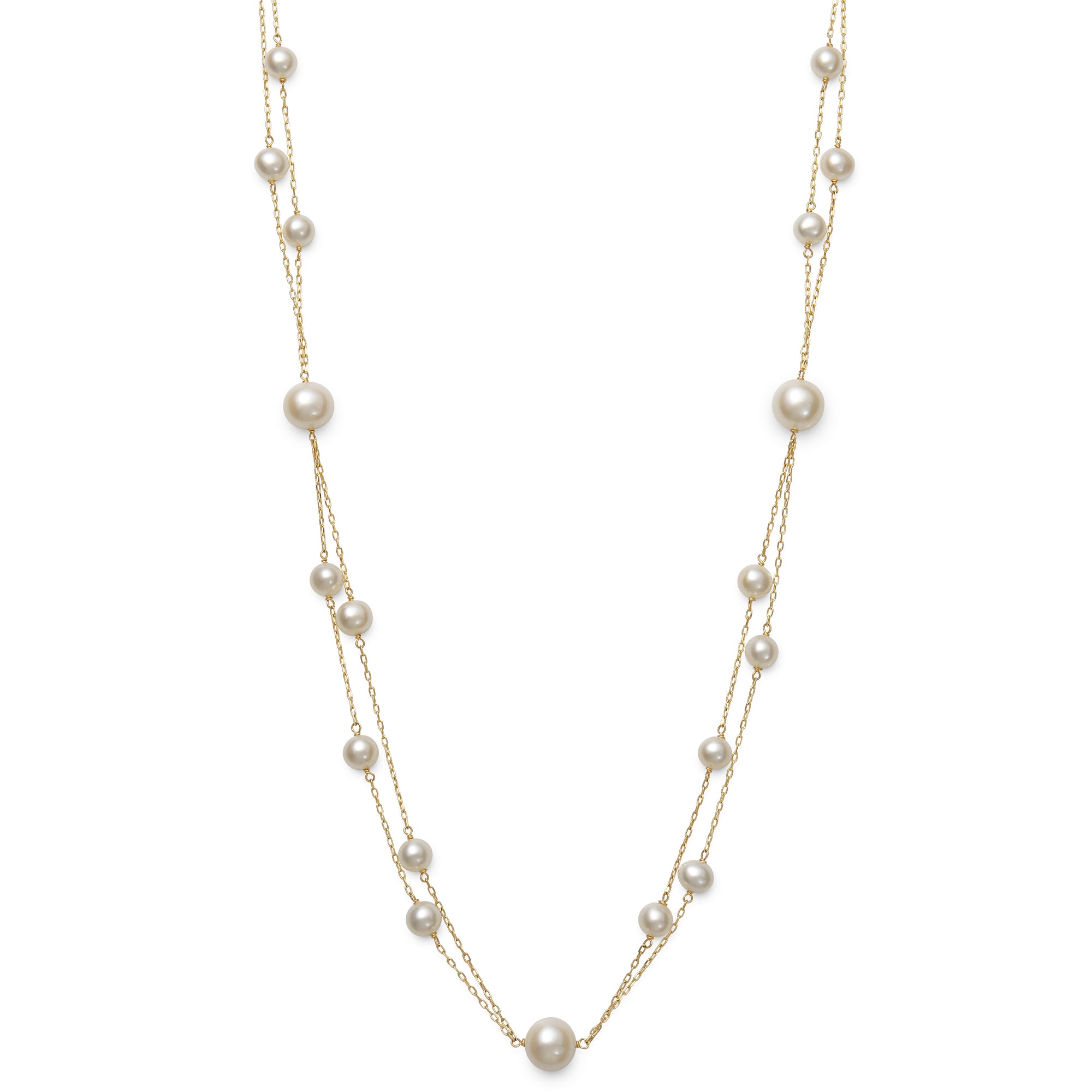 AA Quality Round Strand Necklace | 14K Yellow Gold | White Freshwater Pearl5mm - 8mm
