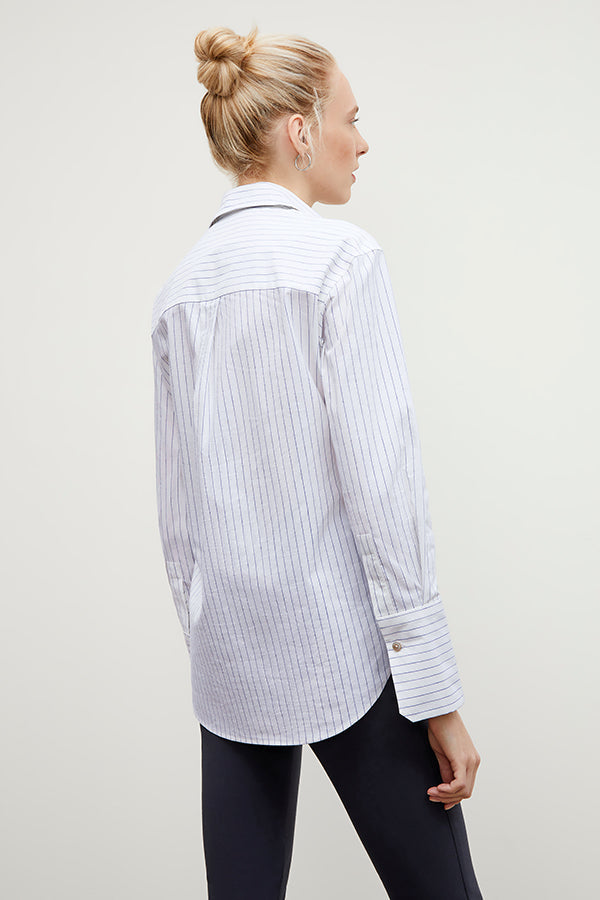 Back image of a woman wearing the Mila Button Down - Poplin Stripe in Blue / Ivory | Exclude